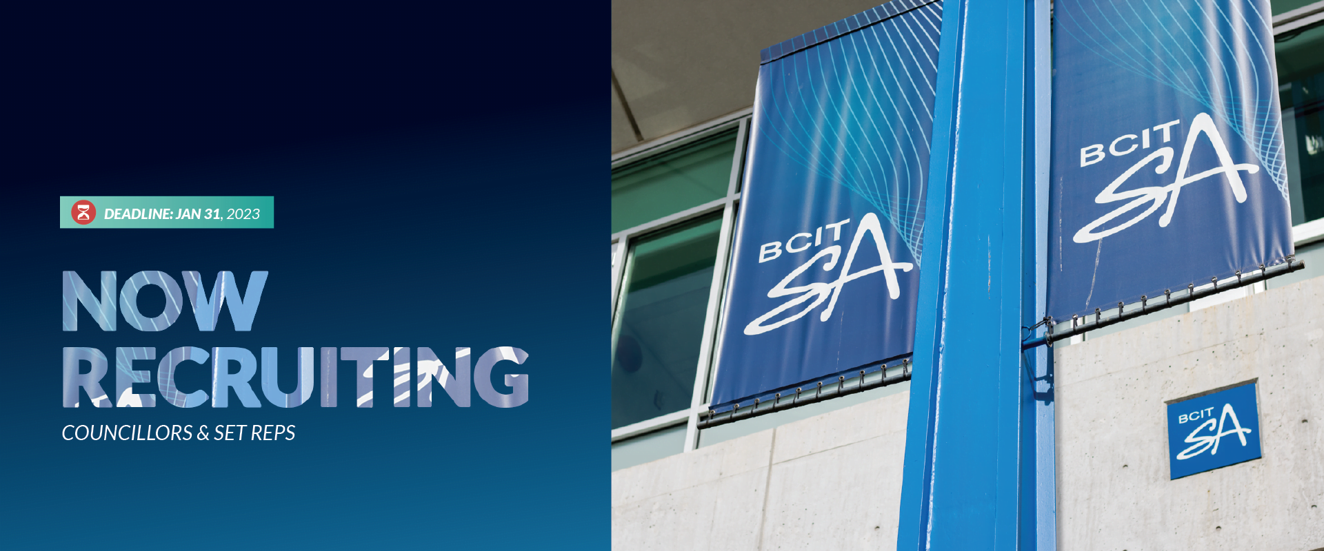 Councillor & Set Rep Recruitment Graphic banner with an image of BCITSA's flags on the right and the text Now Recruiting Councillors & Set Reps on the left