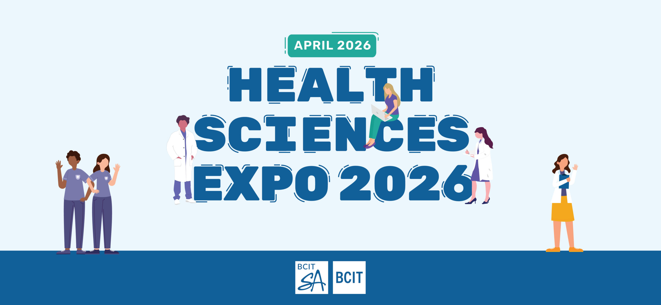 background that is 2 shades of blue with graphic images of people in the health sciences and medical field